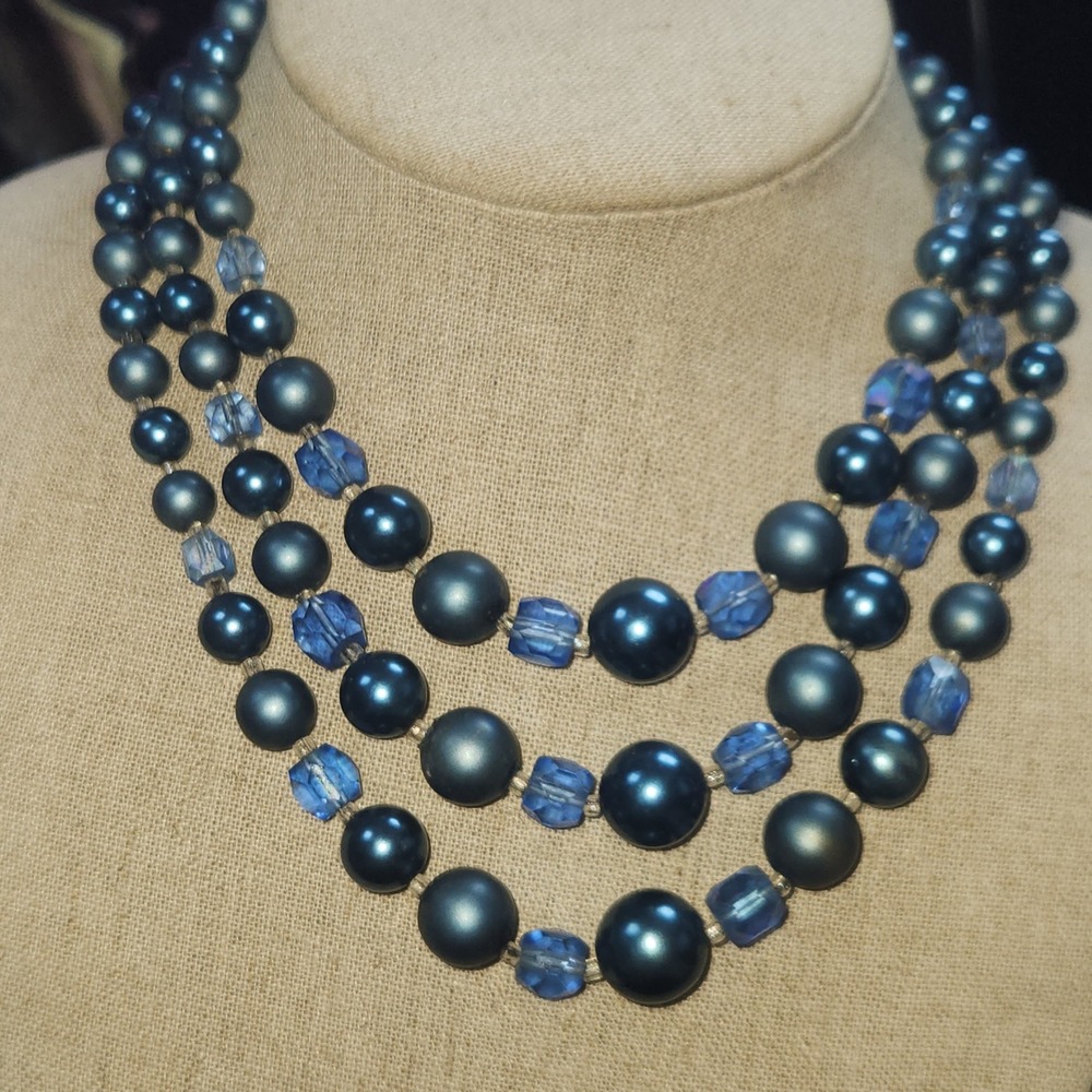 Vintage Blue Faux Pearl Triple Strand Necklace AB Crystal Spacersā Repair Needed